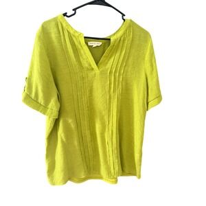 Parallel Skies Womens XL Lime Green Pintuck Pleated V-Neck Lagen Blouse